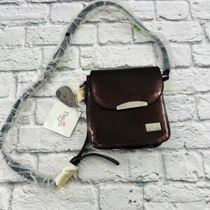 Beijo Shiny Patent Faux Leather Crossbody Bag Purse Dark Brown Metallic